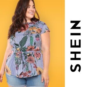 Shein Floral. Striped Tie Waist Blouse, Size‎ 2X, MSRP $22